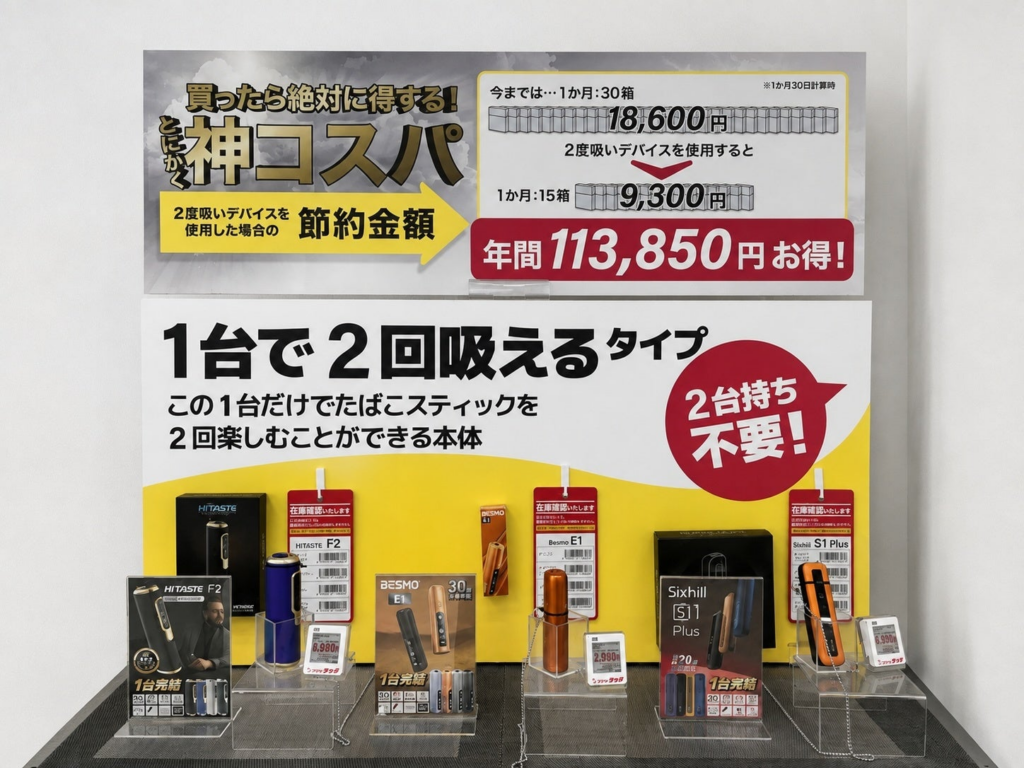 「1台で2回吸えるタイプ」特設什器／HITASTE F2・Besmo E1・Sixhill S1 Plus 陳列写真